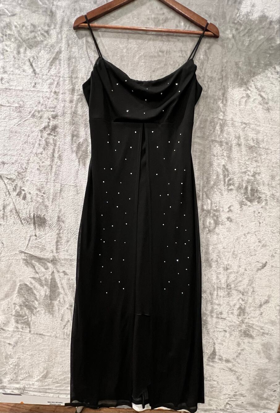 Vintage Style Black Maxi Slip Dress Medium Draped Cowl Neck Rhinestone Detail